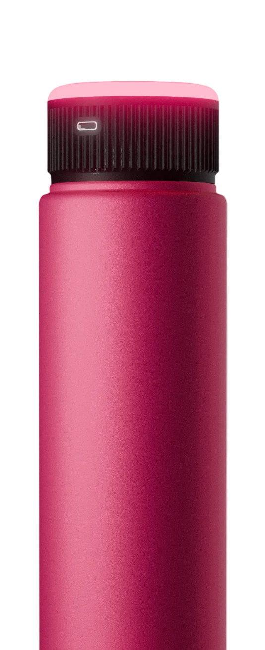 Pink water bottle with black cap on a white background
