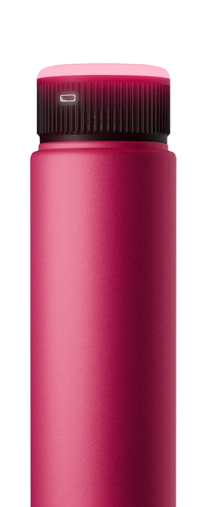 Pink water bottle with black cap on a white background