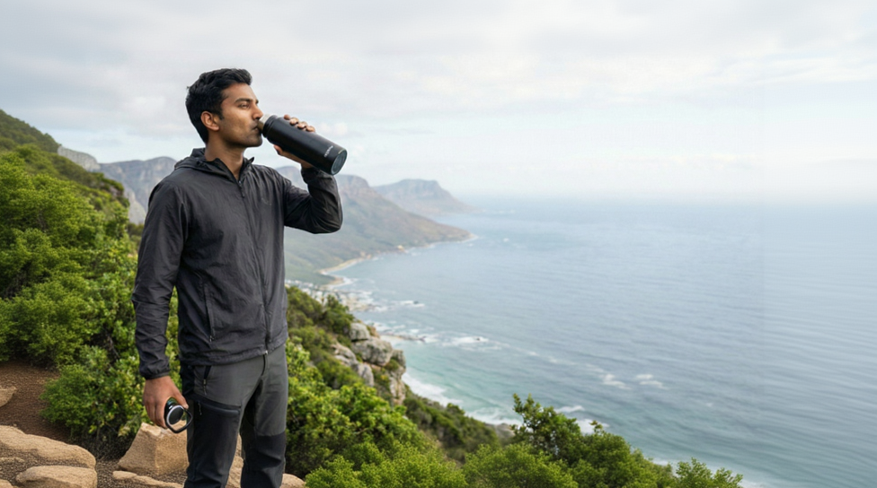 Man drinking from a water bottle with a scenic ocean view in the background